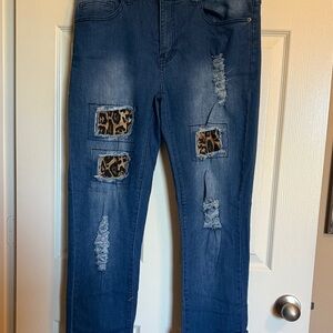 L&B Blue Distressed Jeans with Leopard Accents